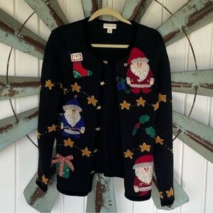 Northern Isle Christmas Cardigan Sweater Santa Stars Black - Size Medium